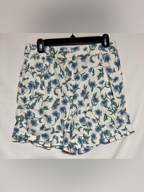 J.Crew White Blue Floral Print Elastic Back Linen Blend Pleated Shorts Sz 12